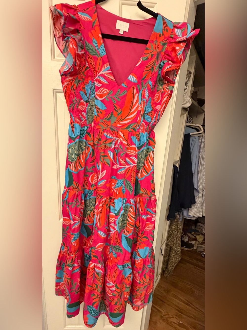 Sugarlips Hot Pink Tropical Maxi Dress with Teal & Orange Leaves